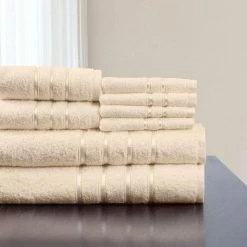 Budget ✔️ 8-Piece Beige Solid Cotton Bath Towel Set by Lavish Home 🔔 -Harper Lane Sales bone lavish home bath towels 67 0013 b 66 1000
