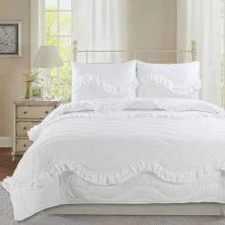 Best deal ๐ Charlotte 3-Piece White Microfiber Ruffle King Quilt Set by Harper Lane ๐