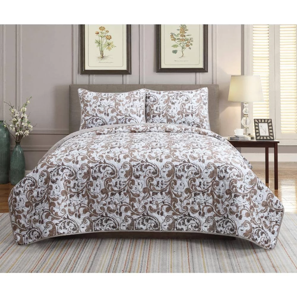 Cheap ✨ Scroll 3-Piece Tan Microfiber Full/Queen Quilt Set by Harper Lane ❤️ 1 Cheap ✨ Scroll 3-Piece Tan Microfiber Full/Queen Quilt Set by Harper Lane ❤️