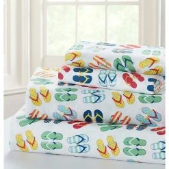 Budget 🎉 Colorful Flip Flops 4-Piece White Microfiber Full Sheet Set by Harper Lane ❤️ -Harper Lane Sales harper lane sheet sets 13456 4f 1000