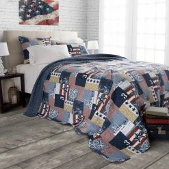 Budget ๐ Patriotic Blue Striped and Plaid King Quilt by Lavish Home ๐
