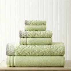 Best Sale 😉 6-Piece Sage Damask Jacquard Towels Set with Embellished Border by MODERN THREADS ⌛