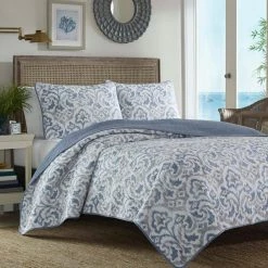 Promo ❤️ Cape Verde 3-Piece Blue Geometric Cotton King Quilt Set by Tommy Bahama 🤩