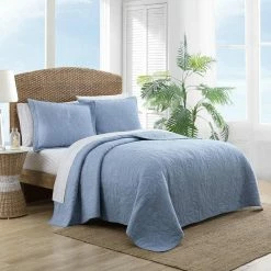 Best Pirce 🎁 Solid Costa Sera Stitch 1-Piece Blue Solid Cotton Full/Queen Quilt by Tommy Bahama 😍